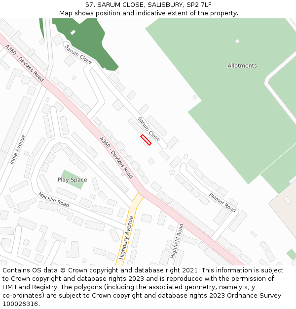 57, SARUM CLOSE, SALISBURY, SP2 7LF: Location map and indicative extent of plot