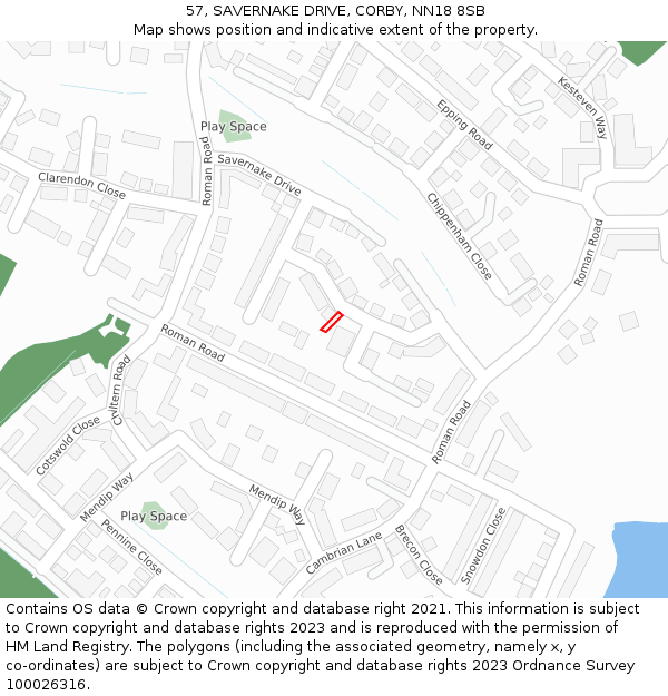 57, SAVERNAKE DRIVE, CORBY, NN18 8SB: Location map and indicative extent of plot