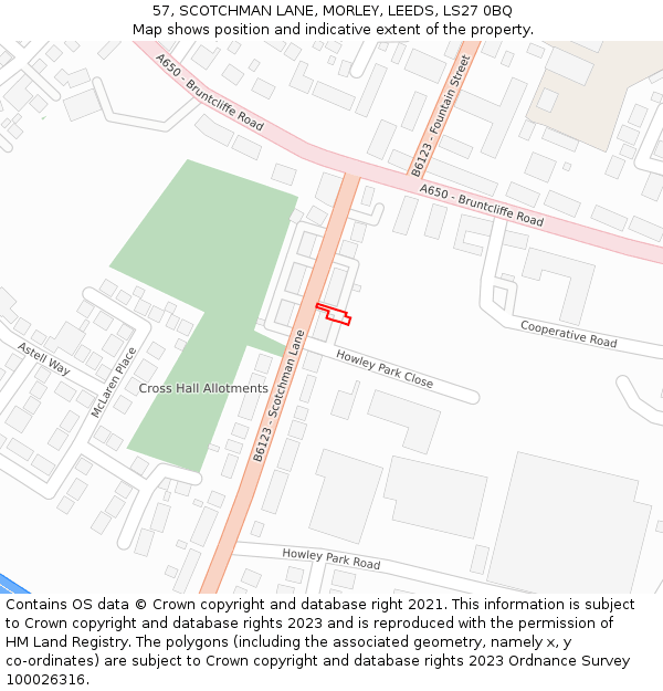 57, SCOTCHMAN LANE, MORLEY, LEEDS, LS27 0BQ: Location map and indicative extent of plot