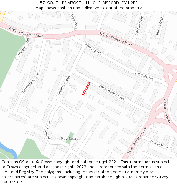 57, SOUTH PRIMROSE HILL, CHELMSFORD, CM1 2RF: Location map and indicative extent of plot