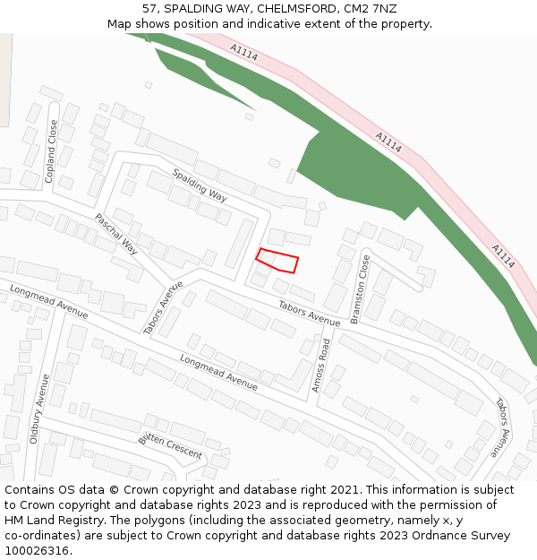 57, SPALDING WAY, CHELMSFORD, CM2 7NZ: Location map and indicative extent of plot