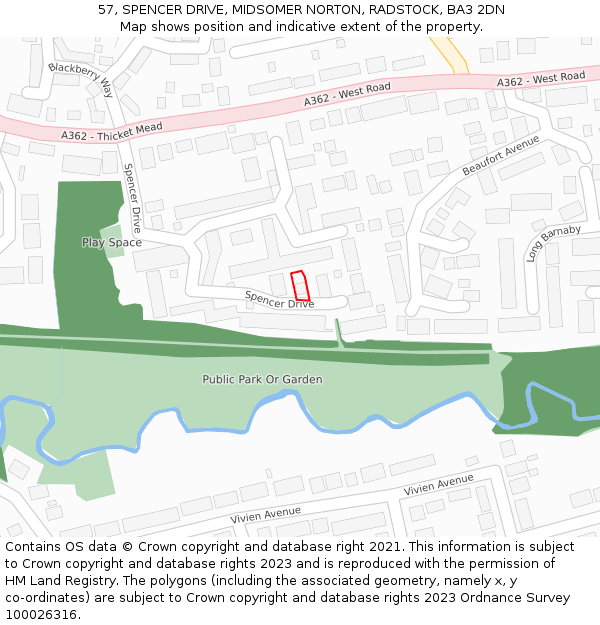 57, SPENCER DRIVE, MIDSOMER NORTON, RADSTOCK, BA3 2DN: Location map and indicative extent of plot
