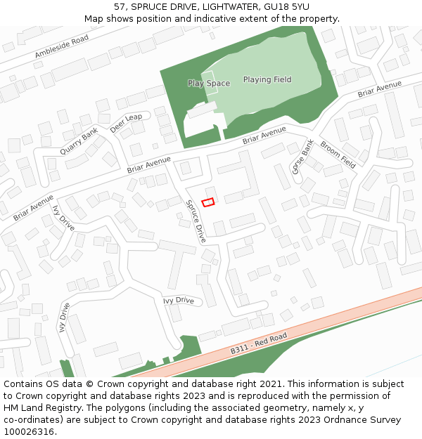57, SPRUCE DRIVE, LIGHTWATER, GU18 5YU: Location map and indicative extent of plot