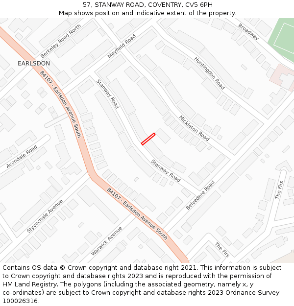 57, STANWAY ROAD, COVENTRY, CV5 6PH: Location map and indicative extent of plot