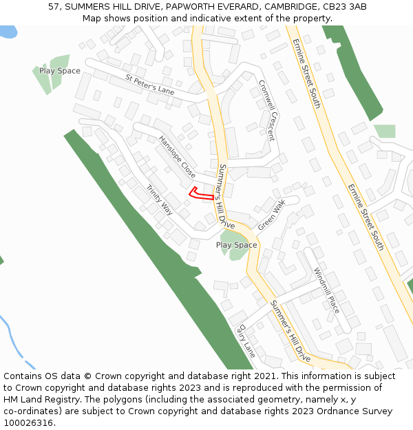 57, SUMMERS HILL DRIVE, PAPWORTH EVERARD, CAMBRIDGE, CB23 3AB: Location map and indicative extent of plot