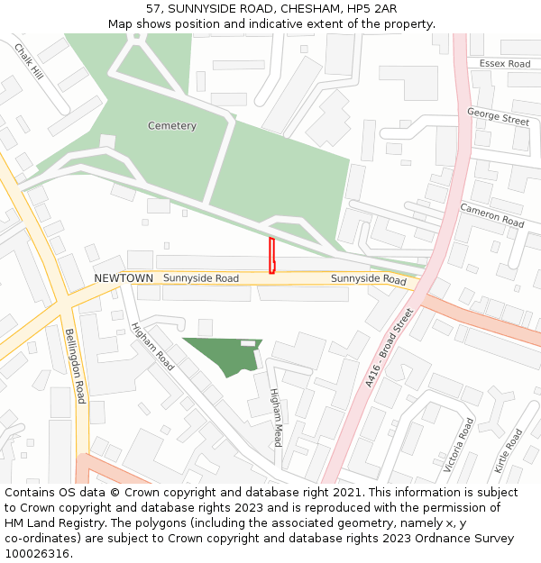 57, SUNNYSIDE ROAD, CHESHAM, HP5 2AR: Location map and indicative extent of plot