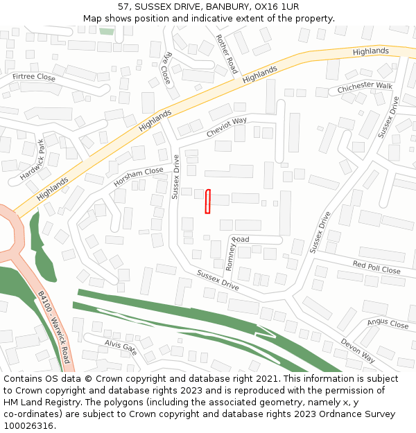57, SUSSEX DRIVE, BANBURY, OX16 1UR: Location map and indicative extent of plot