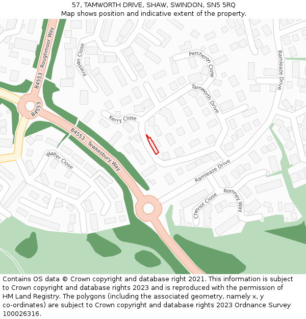 57, TAMWORTH DRIVE, SHAW, SWINDON, SN5 5RQ: Location map and indicative extent of plot