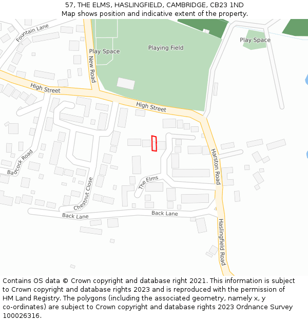 57, THE ELMS, HASLINGFIELD, CAMBRIDGE, CB23 1ND: Location map and indicative extent of plot