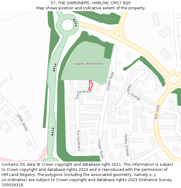 57, THE GARDINERS, HARLOW, CM17 9QX: Location map and indicative extent of plot