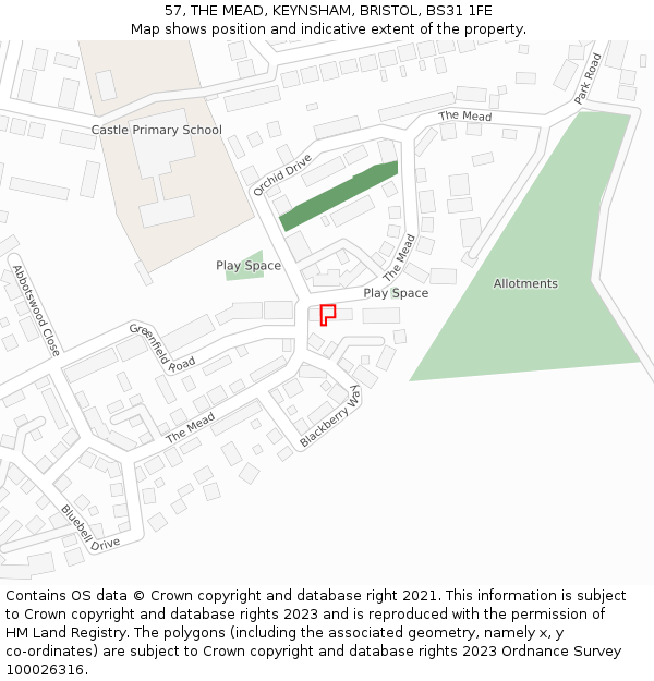 57, THE MEAD, KEYNSHAM, BRISTOL, BS31 1FE: Location map and indicative extent of plot