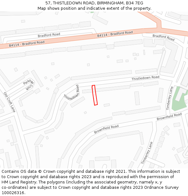 57, THISTLEDOWN ROAD, BIRMINGHAM, B34 7EG: Location map and indicative extent of plot