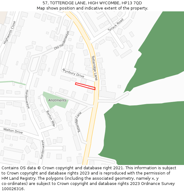 57, TOTTERIDGE LANE, HIGH WYCOMBE, HP13 7QD: Location map and indicative extent of plot