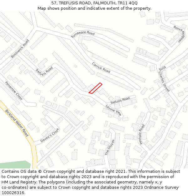 57, TREFUSIS ROAD, FALMOUTH, TR11 4QQ: Location map and indicative extent of plot