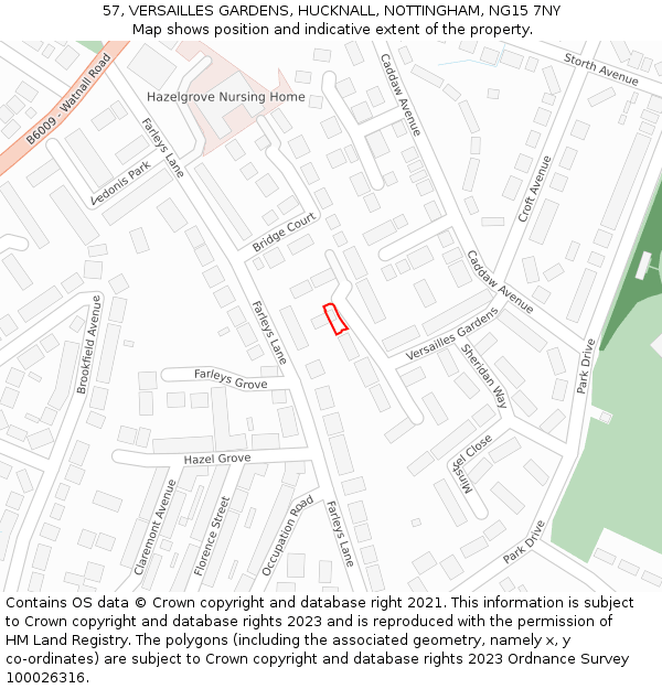 57, VERSAILLES GARDENS, HUCKNALL, NOTTINGHAM, NG15 7NY: Location map and indicative extent of plot