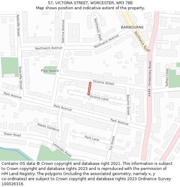 57, VICTORIA STREET, WORCESTER, WR3 7BE: Location map and indicative extent of plot