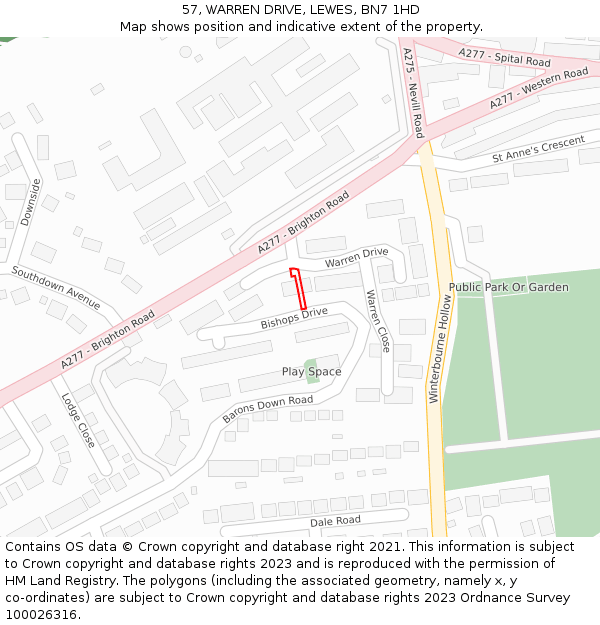 57, WARREN DRIVE, LEWES, BN7 1HD: Location map and indicative extent of plot