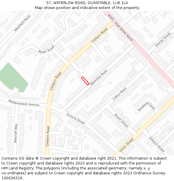 57, WATERLOW ROAD, DUNSTABLE, LU6 1LX: Location map and indicative extent of plot