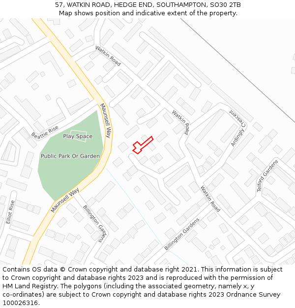 57, WATKIN ROAD, HEDGE END, SOUTHAMPTON, SO30 2TB: Location map and indicative extent of plot