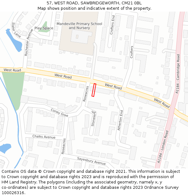 57, WEST ROAD, SAWBRIDGEWORTH, CM21 0BL: Location map and indicative extent of plot