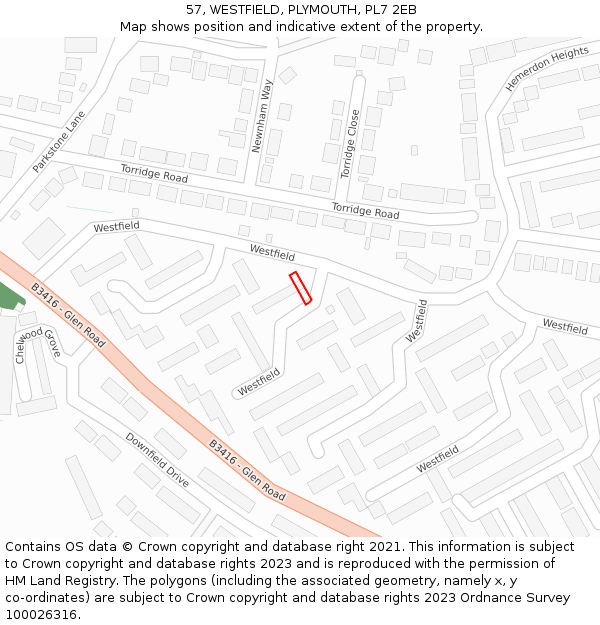 57, WESTFIELD, PLYMOUTH, PL7 2EB: Location map and indicative extent of plot