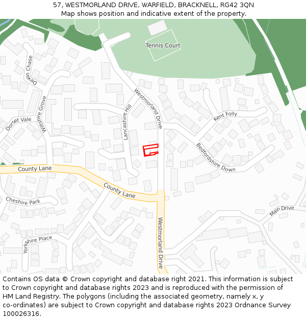 57, WESTMORLAND DRIVE, WARFIELD, BRACKNELL, RG42 3QN: Location map and indicative extent of plot