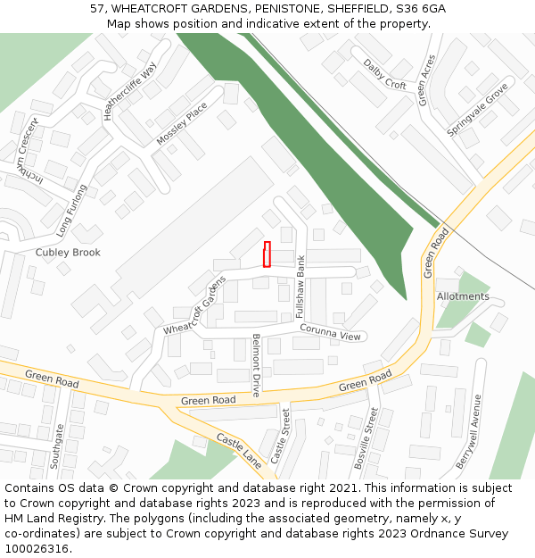 57, WHEATCROFT GARDENS, PENISTONE, SHEFFIELD, S36 6GA: Location map and indicative extent of plot
