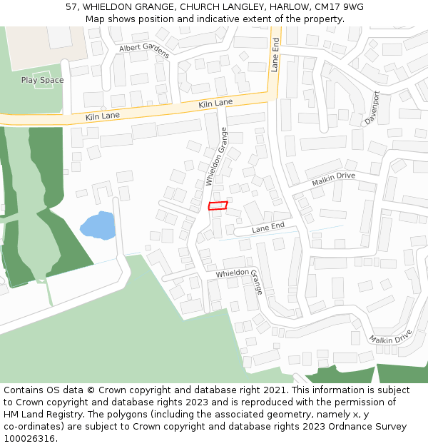 57, WHIELDON GRANGE, CHURCH LANGLEY, HARLOW, CM17 9WG: Location map and indicative extent of plot