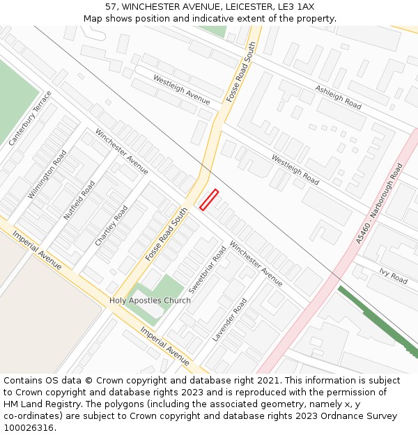 57, WINCHESTER AVENUE, LEICESTER, LE3 1AX: Location map and indicative extent of plot
