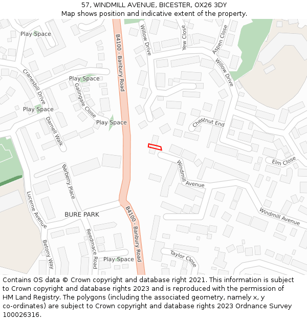 57, WINDMILL AVENUE, BICESTER, OX26 3DY: Location map and indicative extent of plot