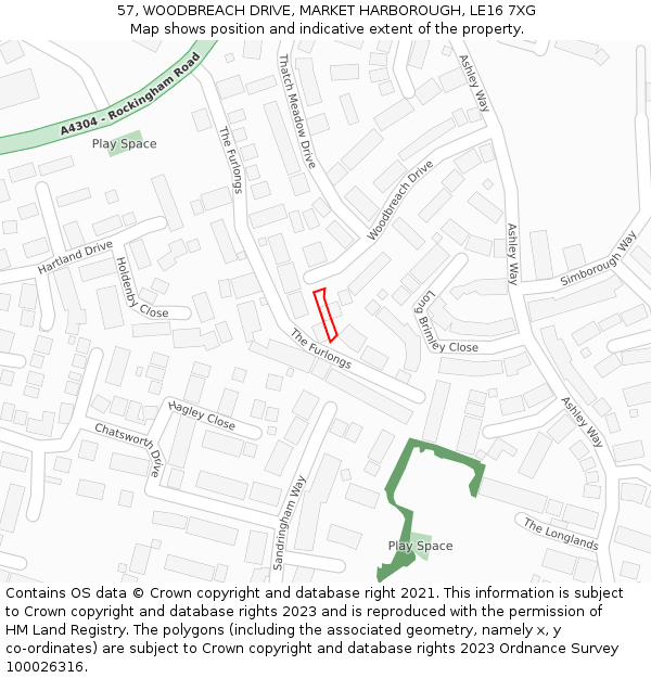 57, WOODBREACH DRIVE, MARKET HARBOROUGH, LE16 7XG: Location map and indicative extent of plot