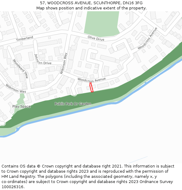 57, WOODCROSS AVENUE, SCUNTHORPE, DN16 3FG: Location map and indicative extent of plot