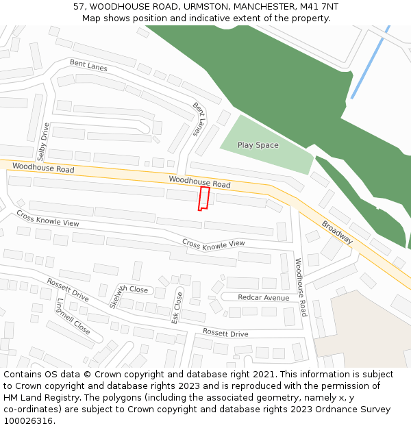 57, WOODHOUSE ROAD, URMSTON, MANCHESTER, M41 7NT: Location map and indicative extent of plot
