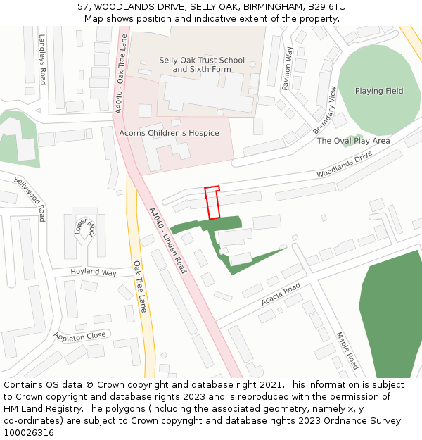 57, WOODLANDS DRIVE, SELLY OAK, BIRMINGHAM, B29 6TU: Location map and indicative extent of plot