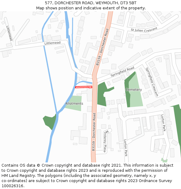 577, DORCHESTER ROAD, WEYMOUTH, DT3 5BT: Location map and indicative extent of plot
