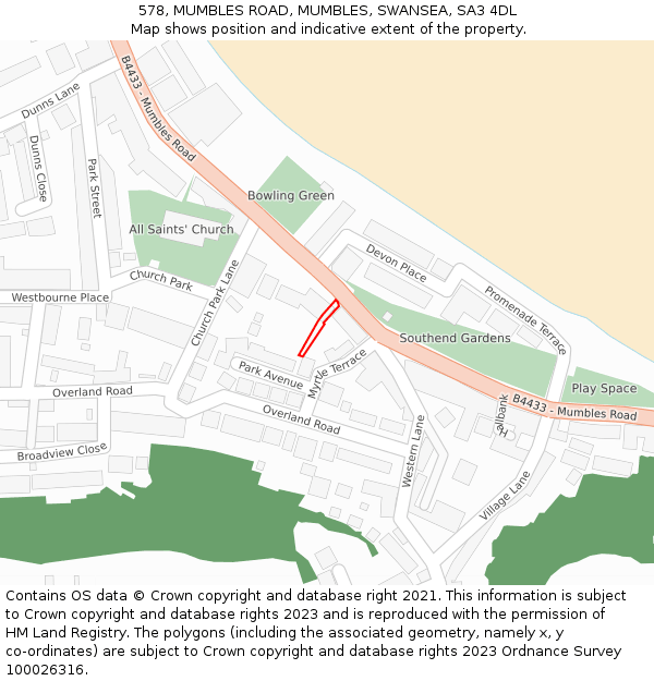 578, MUMBLES ROAD, MUMBLES, SWANSEA, SA3 4DL: Location map and indicative extent of plot
