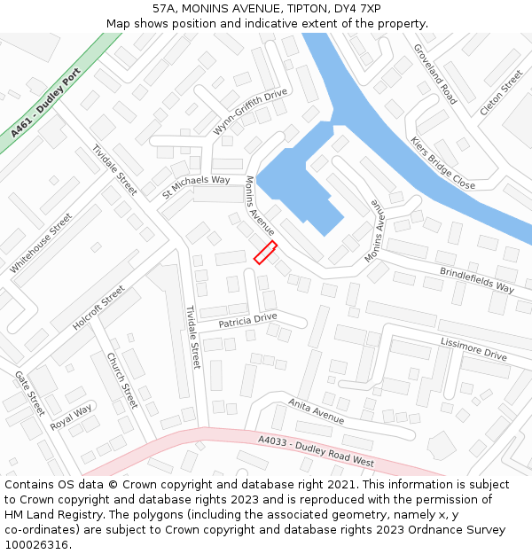 57A, MONINS AVENUE, TIPTON, DY4 7XP: Location map and indicative extent of plot