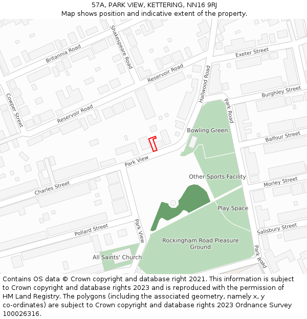 57A, PARK VIEW, KETTERING, NN16 9RJ: Location map and indicative extent of plot
