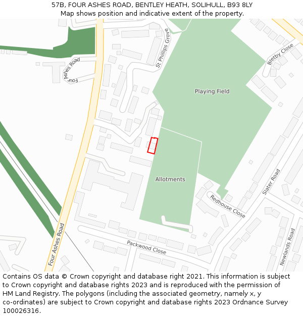 57B, FOUR ASHES ROAD, BENTLEY HEATH, SOLIHULL, B93 8LY: Location map and indicative extent of plot