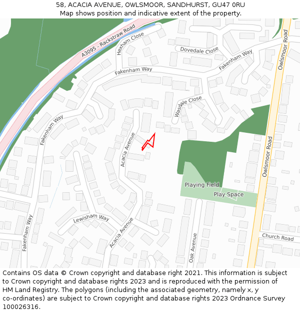 58, ACACIA AVENUE, OWLSMOOR, SANDHURST, GU47 0RU: Location map and indicative extent of plot