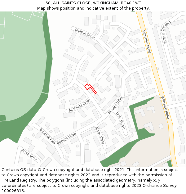 58, ALL SAINTS CLOSE, WOKINGHAM, RG40 1WE: Location map and indicative extent of plot