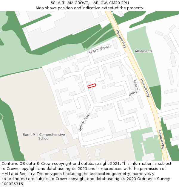 58, ALTHAM GROVE, HARLOW, CM20 2PH: Location map and indicative extent of plot