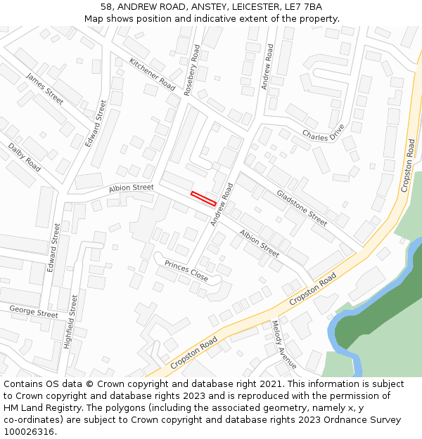58, ANDREW ROAD, ANSTEY, LEICESTER, LE7 7BA: Location map and indicative extent of plot