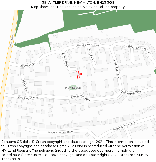 58, ANTLER DRIVE, NEW MILTON, BH25 5GG: Location map and indicative extent of plot