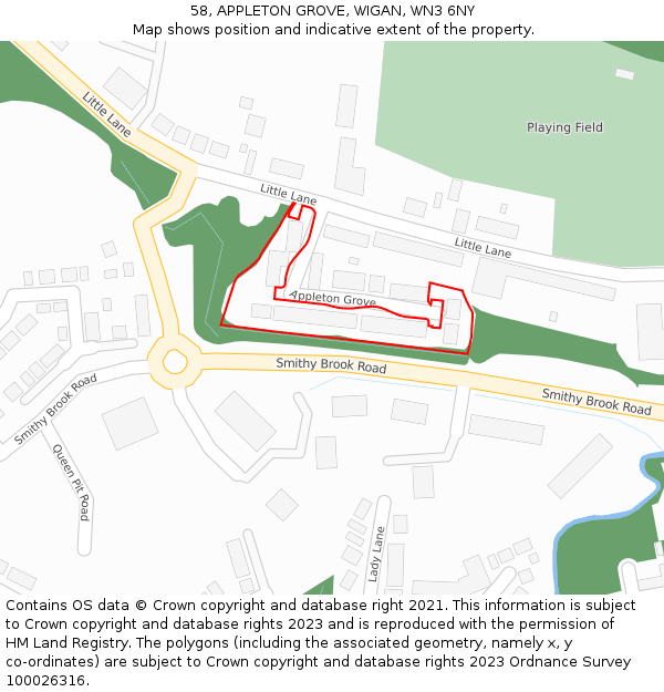 58, APPLETON GROVE, WIGAN, WN3 6NY: Location map and indicative extent of plot