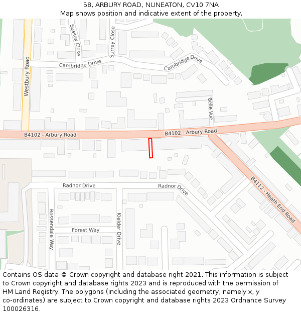 58, ARBURY ROAD, NUNEATON, CV10 7NA: Location map and indicative extent of plot