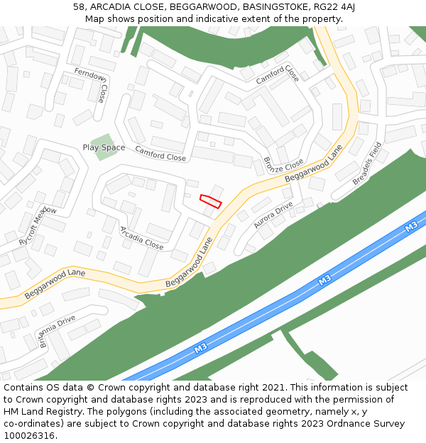 58, ARCADIA CLOSE, BEGGARWOOD, BASINGSTOKE, RG22 4AJ: Location map and indicative extent of plot