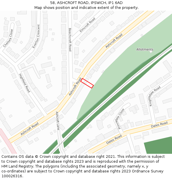 58, ASHCROFT ROAD, IPSWICH, IP1 6AD: Location map and indicative extent of plot