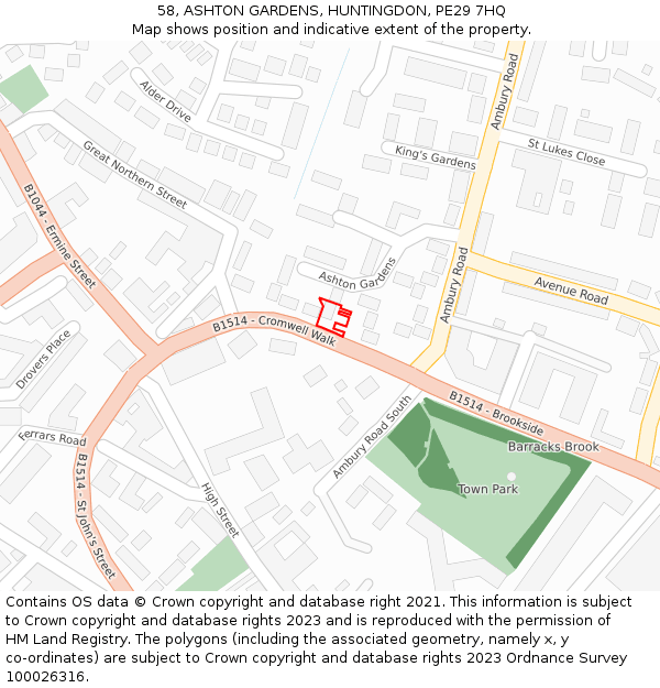 58, ASHTON GARDENS, HUNTINGDON, PE29 7HQ: Location map and indicative extent of plot