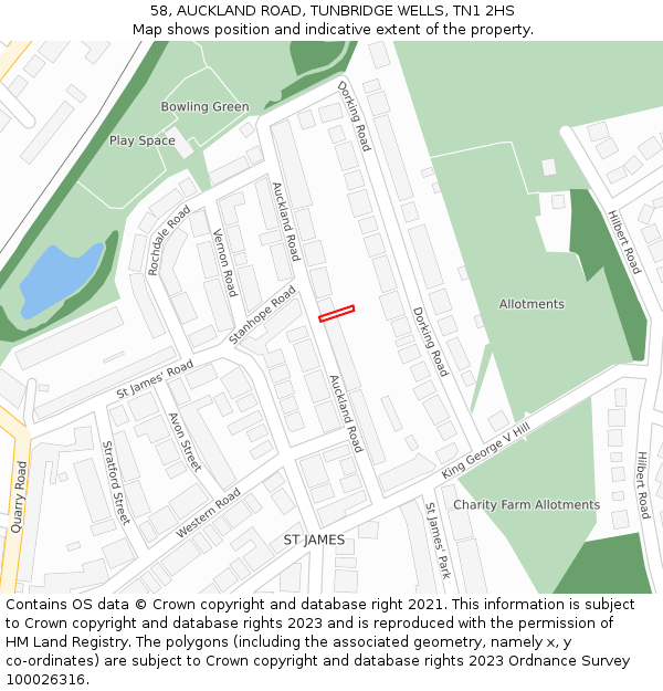 58, AUCKLAND ROAD, TUNBRIDGE WELLS, TN1 2HS: Location map and indicative extent of plot